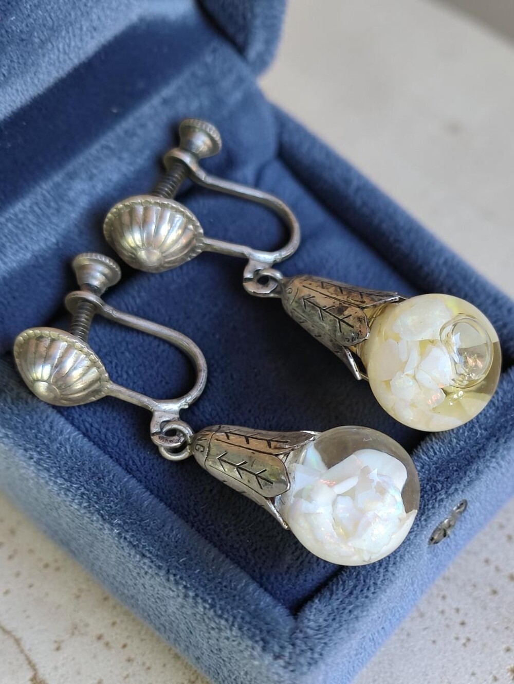 Antique Sterling Silver Floating Opal Earrings